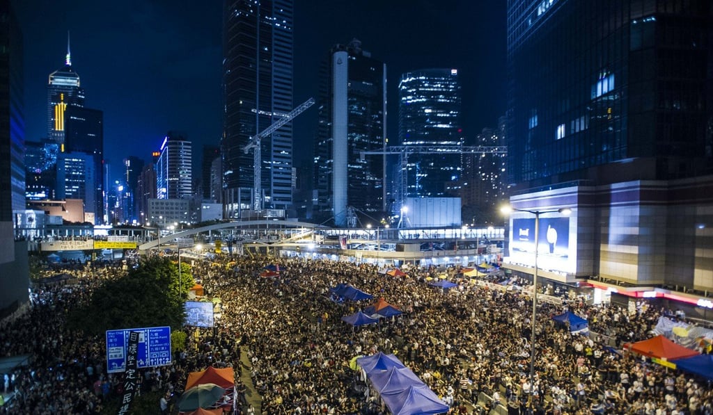 Pro-democracy supporters in Hong Kong’s Admiralty district on October 10, 2014 during the Occupy movement. Photo: AFP