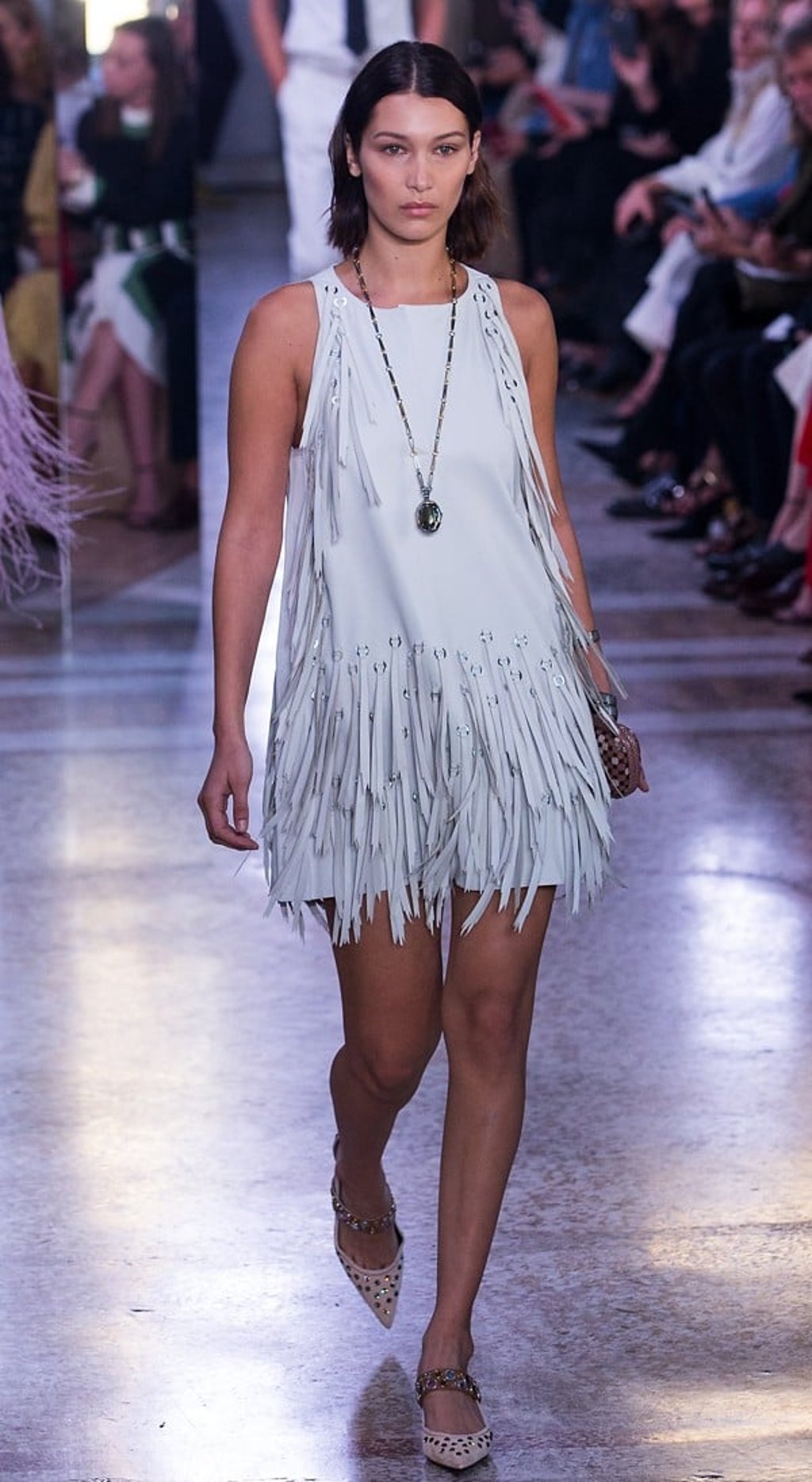 Bella Hadid walks the runway for Bottega Veneta at the Milan Fashion Week. Photo: Xinhua