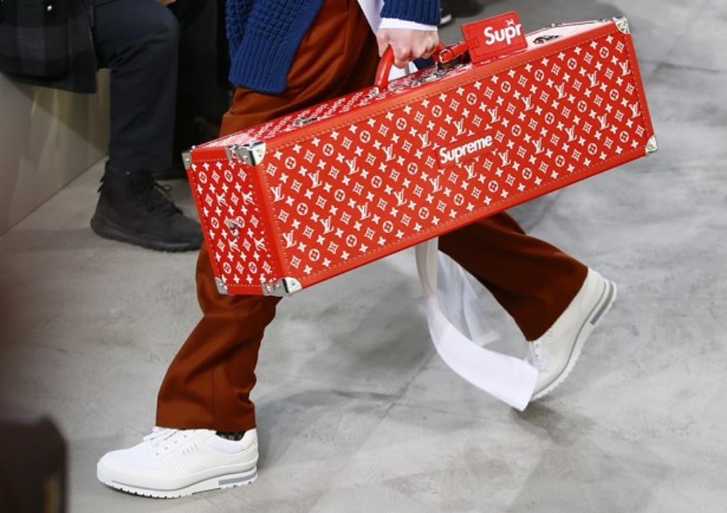 A Louis Vuitton x Supreme trunk on the runway at Paris Men’s Fashion Week. Photo: AP
