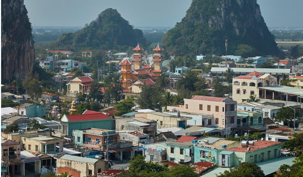 The Marble Mountains in central Vietnam are five linked marble and limestone hills.
