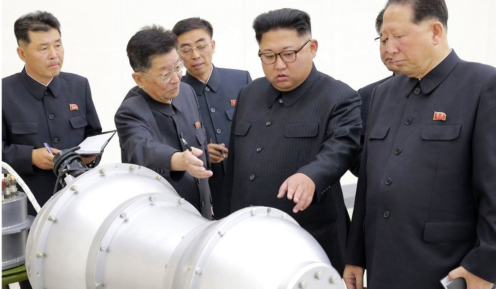 This undated file photo distributed on September 3, shows North Korean leader Kim Jong-un, second from right, inspecting a purported hydrogen bomb at an undisclosed location.Photo: AP This undated file photo distributed on September 3, shows North Korean leader Kim Jong-un, second from right, inspecting a purported hydrogen bomb at an undisclosed location.Photo: AP