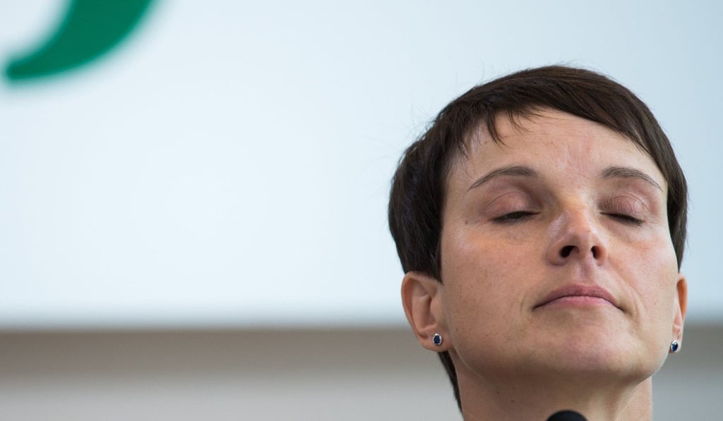 Frauke Petry, leadership member of Germany's hard-right Alternative for Germany (AfD) party, gives a press conference in Dresden, Germany, where she announced that she will leave her party. Photo: DPA/AFP