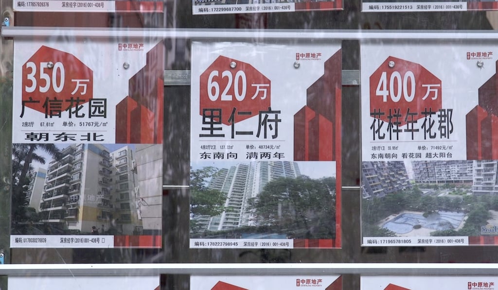 Advertisements for flats in Shenzhen in a property agent’s window in May. Photo: Lea Li