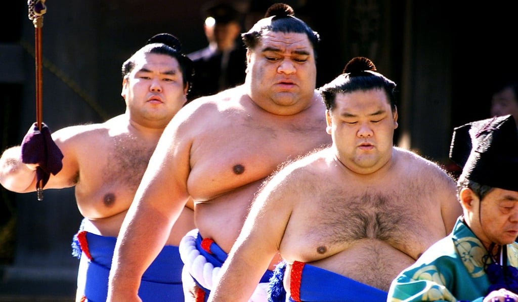 Grand champion Musashimaru (centre) during his glory days, entering the Meiji shrine to demonstrate for the ceremonial performance before New Year's prayers in Tokyo in 2002. Photo: AFP