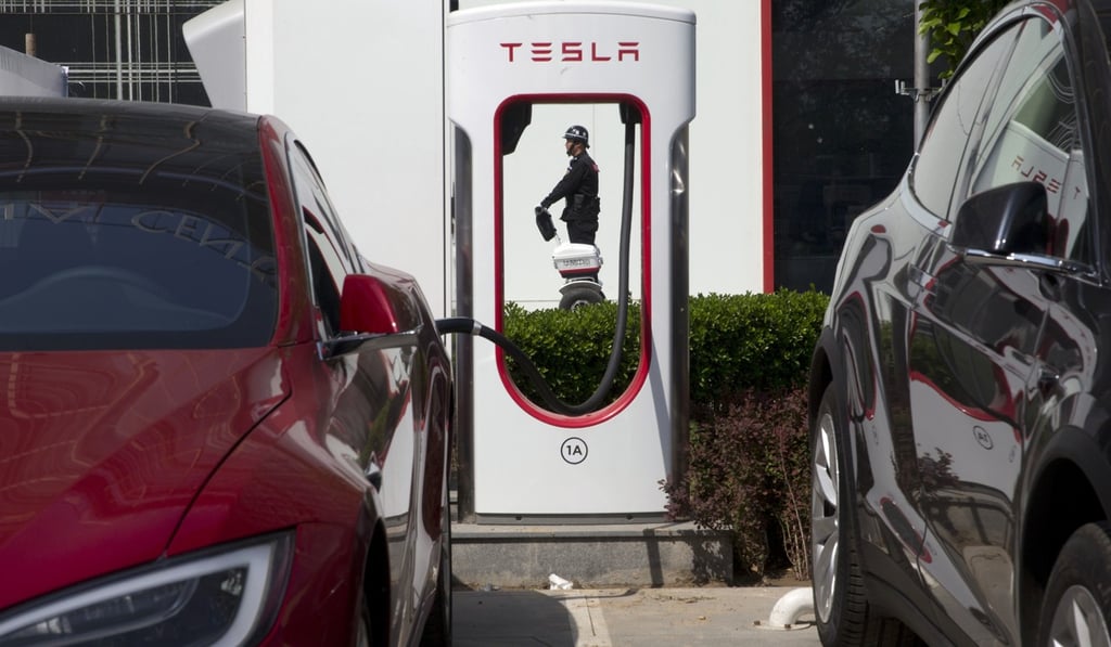 An electric vehicle charging station in Beijing. Photo: AP