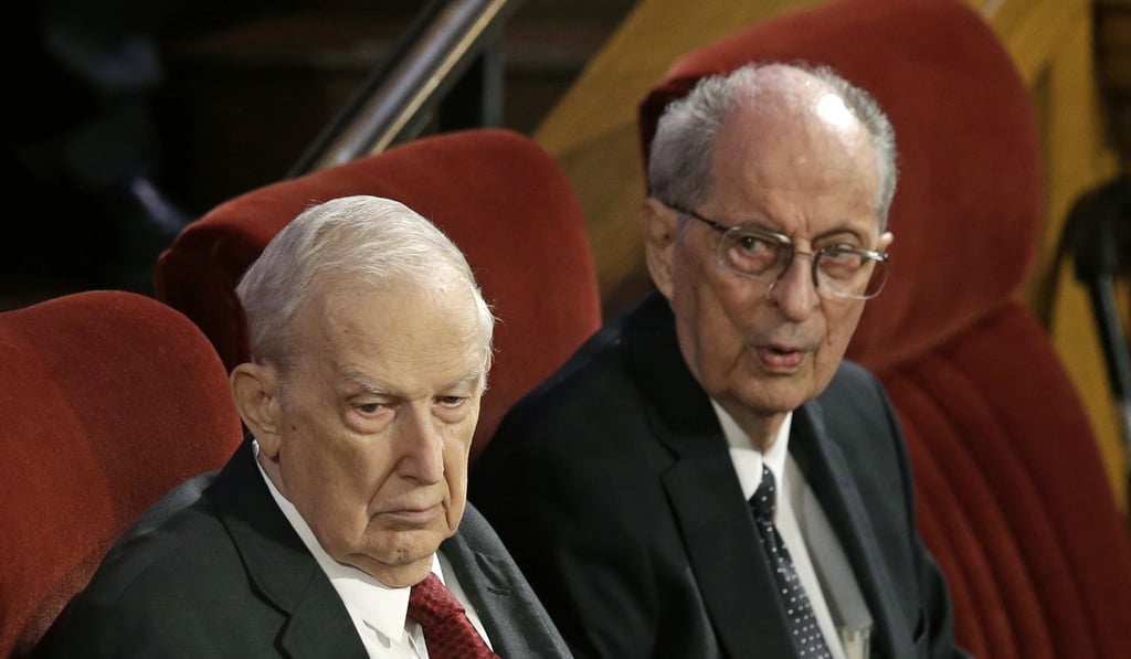 This July 10, 2015, file photo, shows Senior Mormon leaders Robert Hales, right, and Richard Scott, at the memorial service for Mormon leader Boyd Packer at the Tabernacle on Temple Square in Salt Lake City. Photo: AP