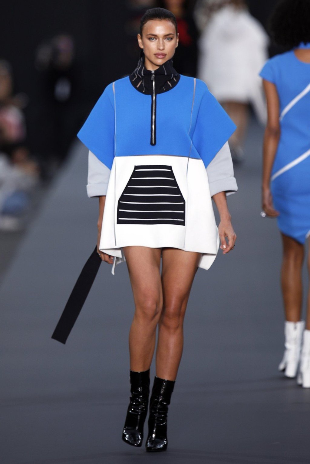 Russian model Irina Shayk on a giant catwalk on the Champs Elysees avenue during a public event by L'Oreal as part of Paris Fashion Week. Photo: EPA