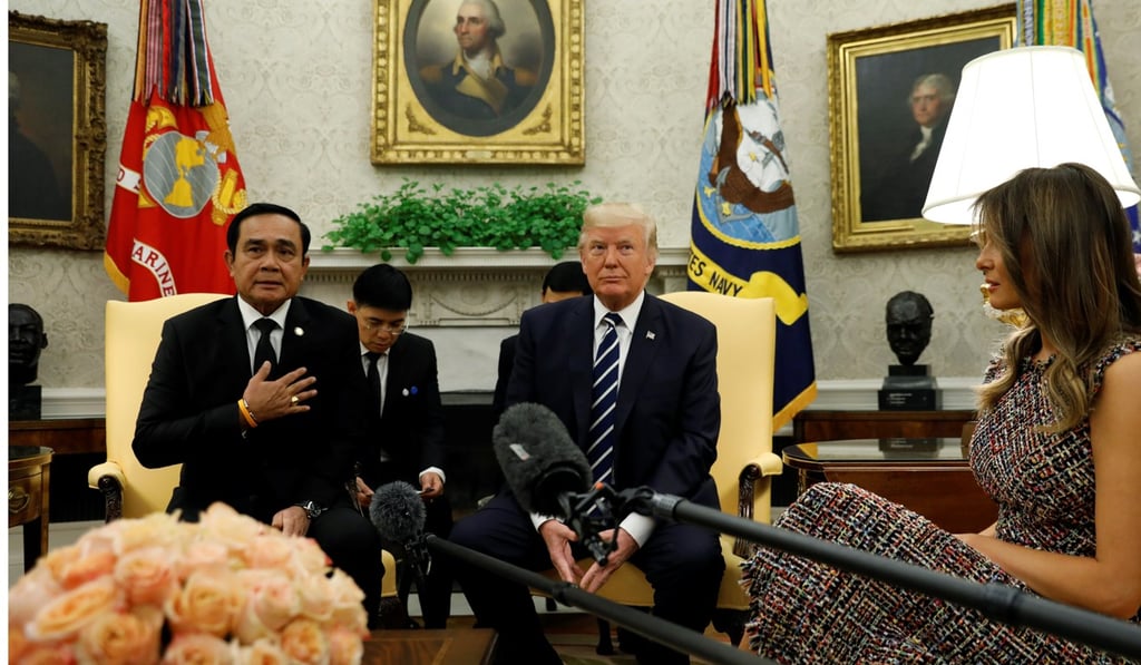 US President Donald Trump and first lady Melania Trump welcome Thai Prime Minister Prayuth Chan-ocha in the Oval Office of the White House in Washington. Photo: Reuters