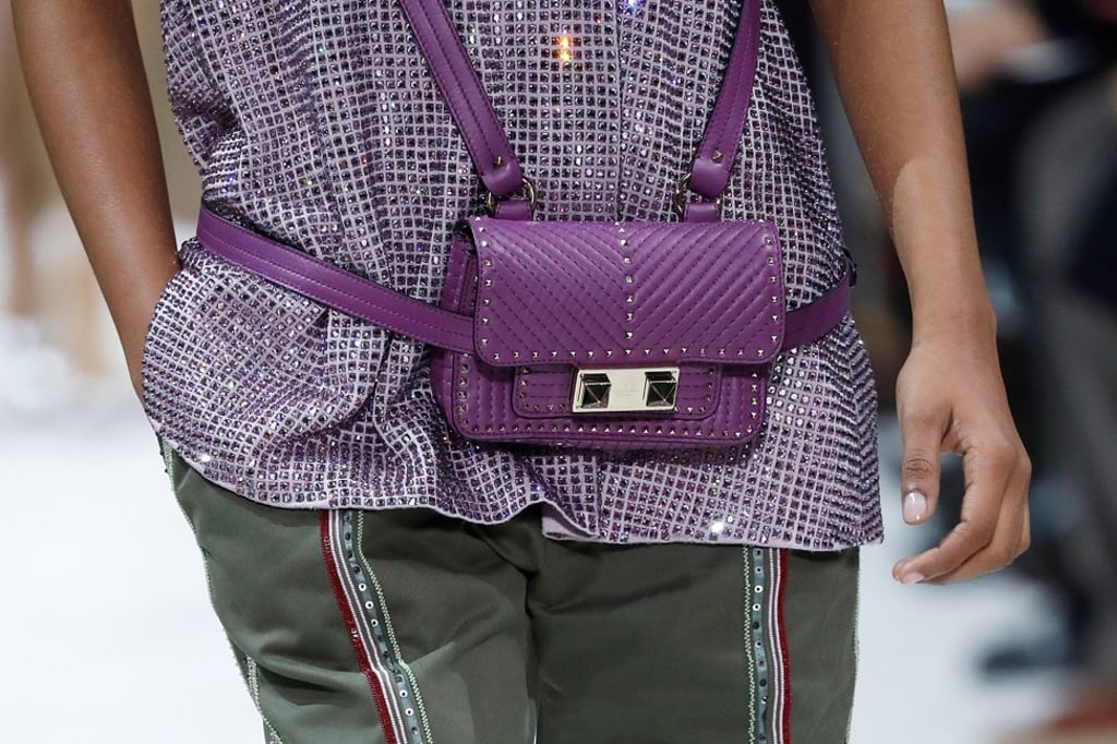 Valentino comes up with a mini studded satchel attached to a soft leather harness. Photo: AFP