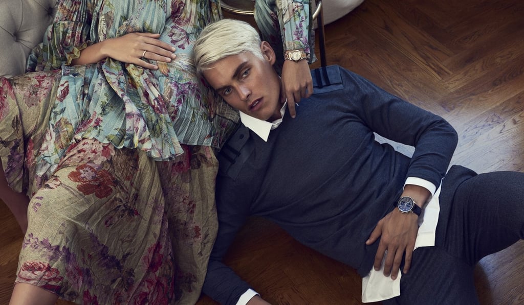 ON HER: Mulberry, blouse, HK$18,800, skirt, HK$13,780; Chopard (from Stenstrup Copenhagen), Watch, HK$124,940, ring, HK$37,370; ON HIM: Kenzo (from Birger Christensen), shirt, HK$1,400; Neil Barrett, jumper, HK$4,390; Lanvin, pants, HK$5,140; IWC (from HVELPLUND WATCHES & JEWELLERY), watch, HK$110,650