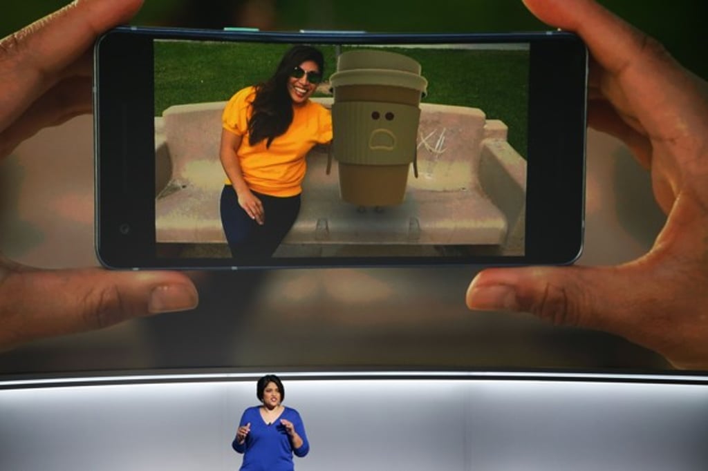 Aparna Chennapragada, senior director of Product at Google talks about the new Augmented Reality stickers feature of the Pixel 2 smartphone at a product launch event yesterday. Photo: AFP