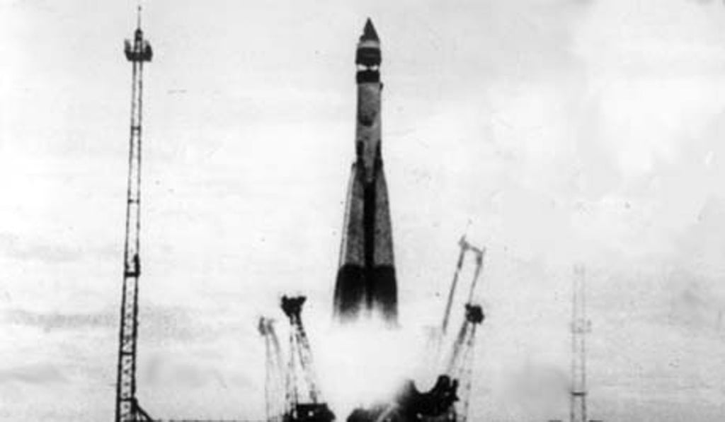 Sputnik 1 is launched from the Tyruatan range in then-Soviet Kazakhstan, atop an R-7 rocket. Photo: Supplied