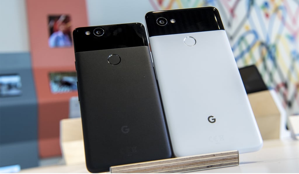 The Google Pixel 2 and Pixel 2 XL smartphones displayed during a product launch event in San Francisco yesterday. Photo: Bloomberg