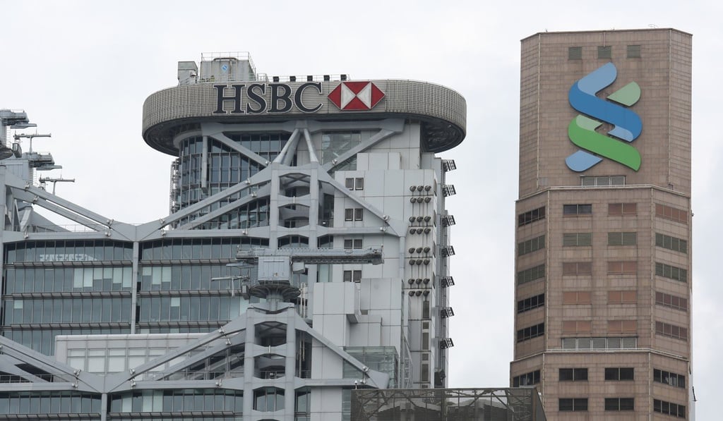 (L-R) HSBC’s main building and Standard Chartered Bank (Hong Kong) building in Central Hong Kong. Photo: Nora Tam