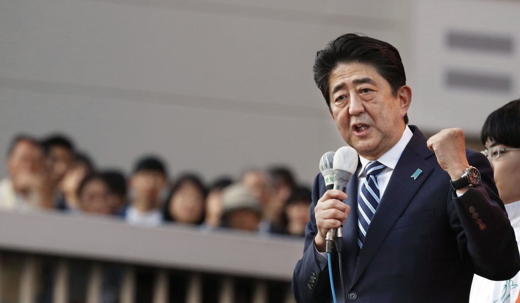 Japan’s Shinzo Abe gives a stump speech in Tsukuba on Wednesday. Prime minister since 2012, Abe may yet regret announcing an election on October 22. Photo: Kyodo Japan’s Shinzo Abe gives a stump speech in Tsukuba on Wednesday. Prime minister since 2012, Abe may yet regret announcing an election on October 22. Photo: Kyodo