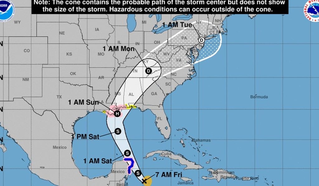 A handout photo made available by the National Oceanic and Atmospheric Administration (NOAA) showing Coastal Watches/Warnings and the predicted path of tropical storm Nate. Photo: NOAA handout via EPA-EFE