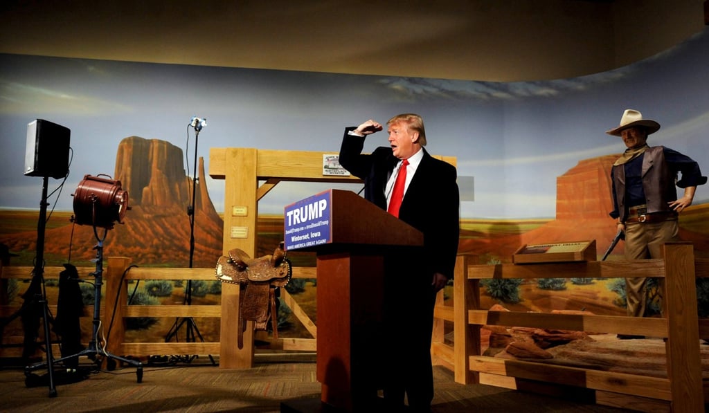 Then Republican presidential candidate Donald Trump speaks at a news conference at the John Wayne Birthplace and Museum in Winterset, Iowa, on January 19 last year. Photo: Reuters