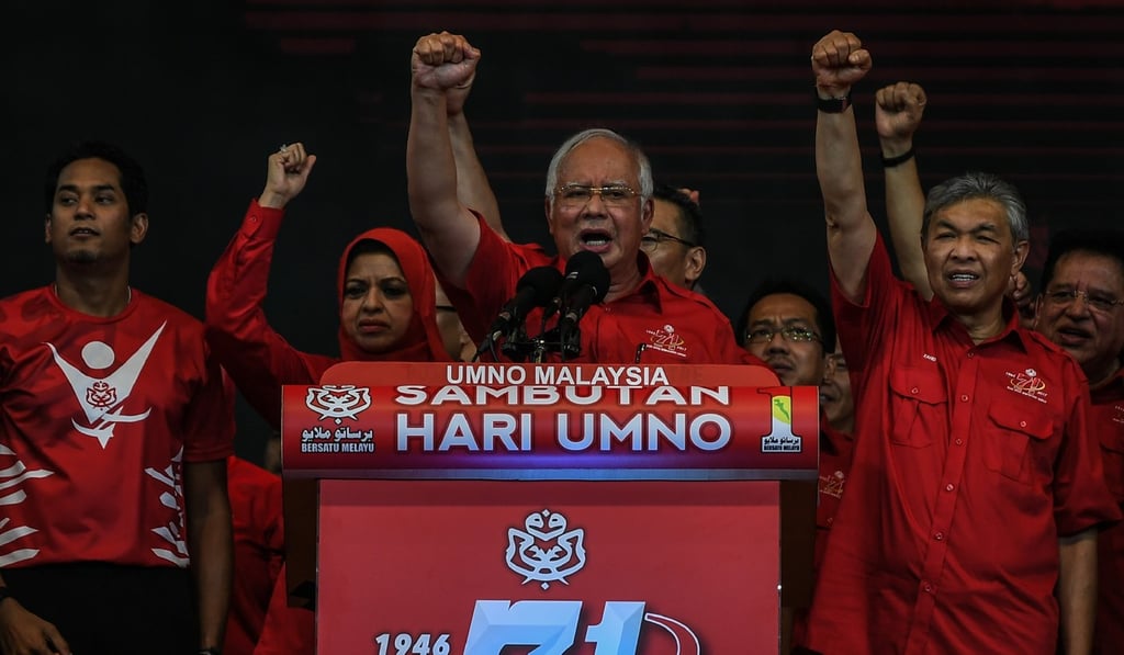 Malaysia's Prime Minister Najib Razak speaks to supporters during the United Malays National Organisation 71st anniversary celebration in Bukit Jalil stadium. Photo: AFP