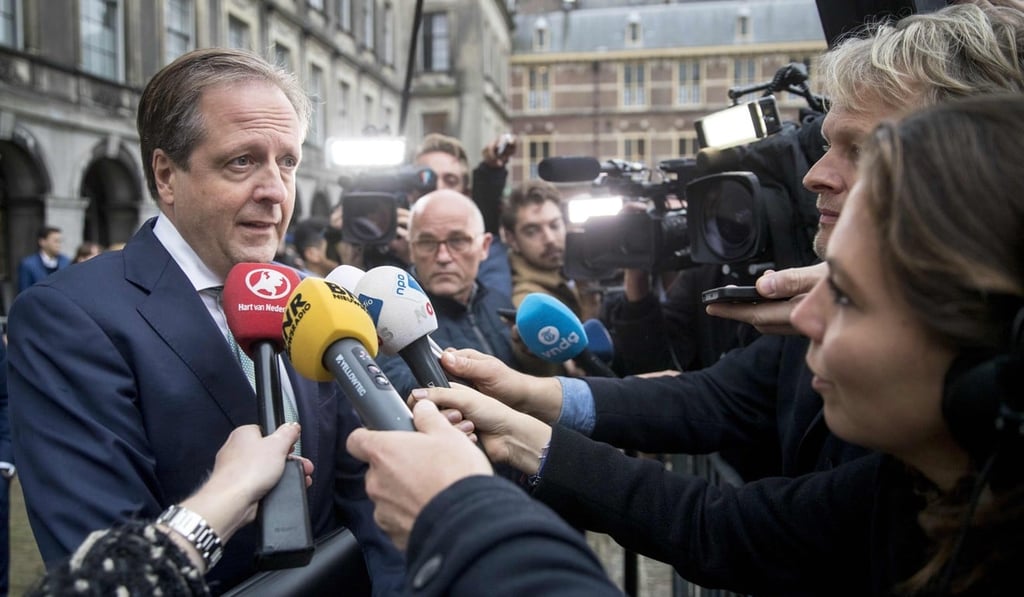 Alexander Pechtold from Democrats 66, talks to the press at Binnenhof. Photo: AFP