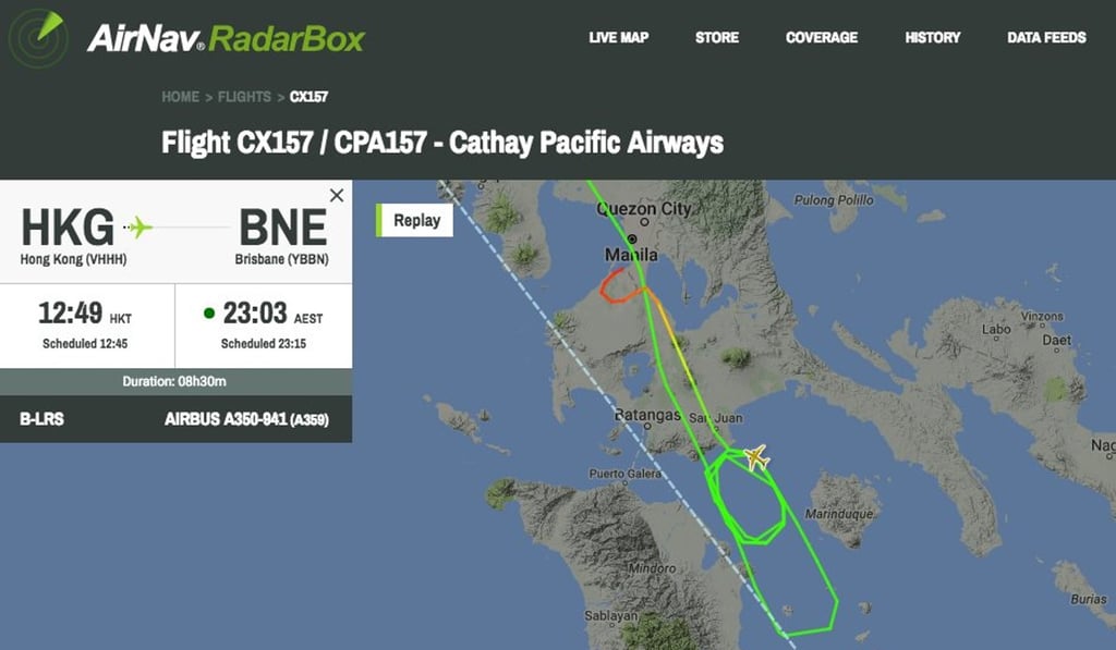 The flight path Cathay Pacific flight CX157, diverted to Manila due to turbulence. Source: Twitter