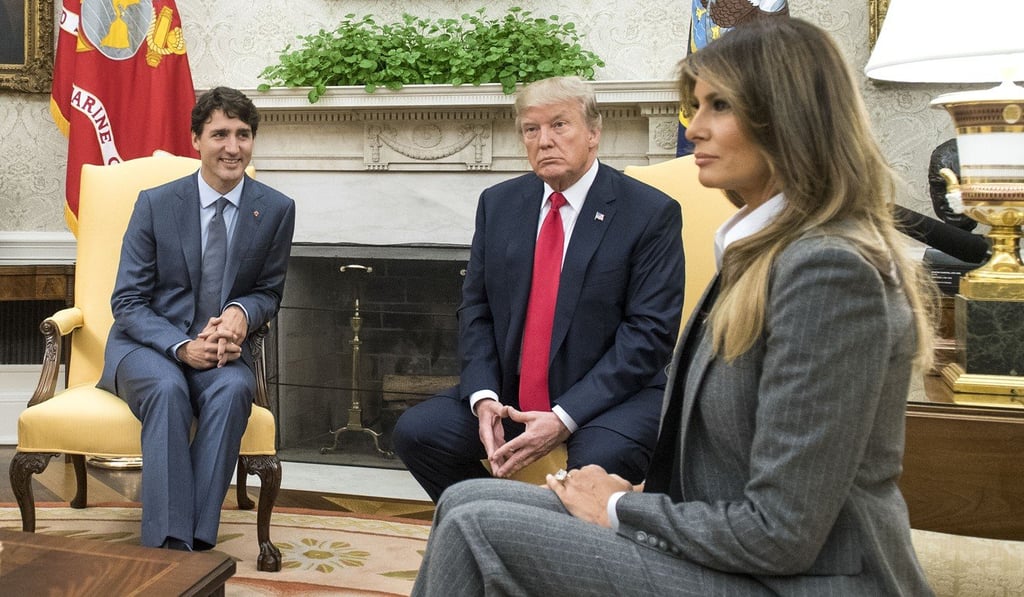 Canadian Prime Minister Justin Trudeau, US President Donald Trump,and US first lady Melania Trump in the Oval Office of the White House on Wednesday. Photo: Bloomberg