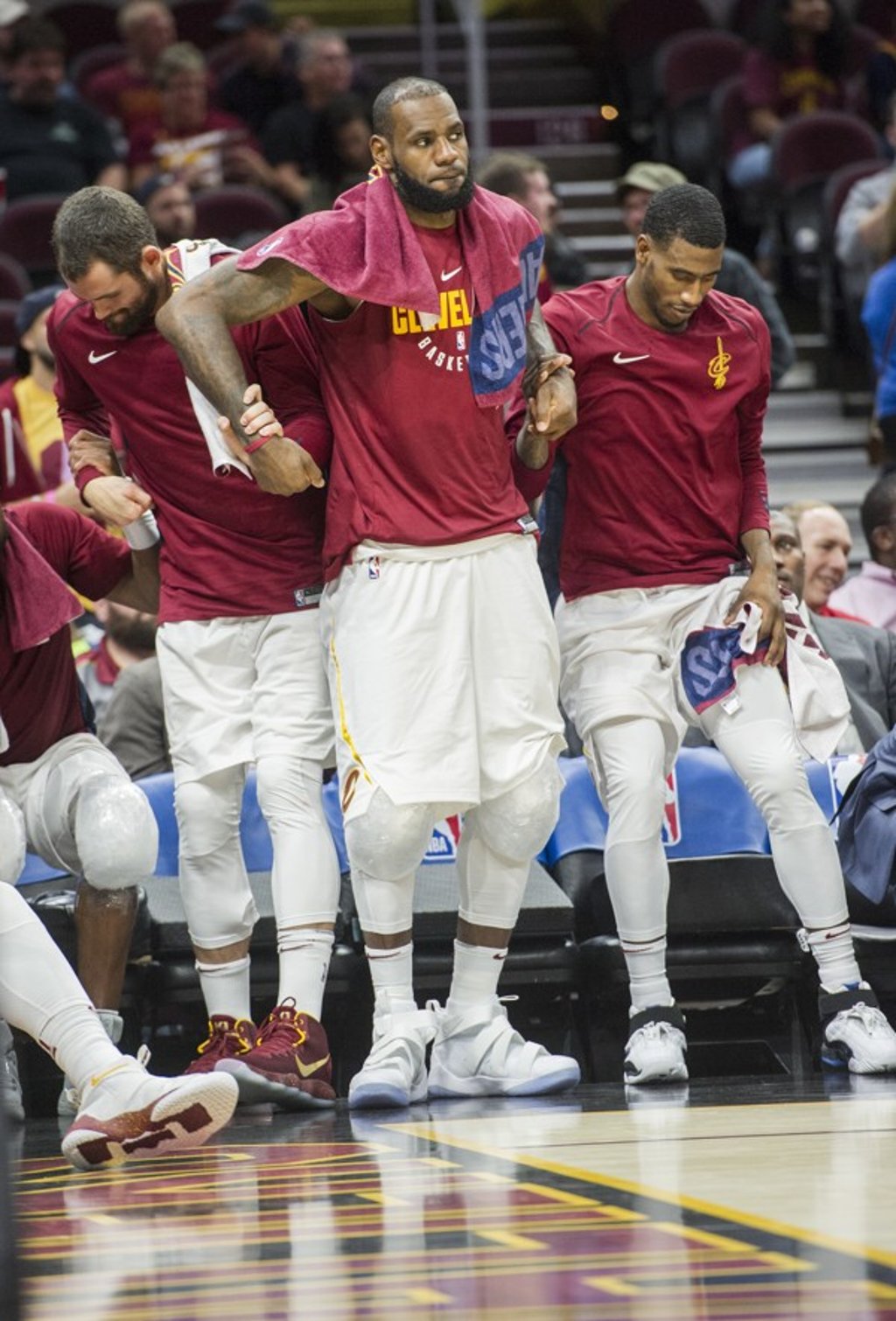 LeBron James (centre), Kevin Love (left) and Iman Shumpert stand during a time out against the Chicago Bulls. Photo: AP LeBron James (centre), Kevin Love (left) and Iman Shumpert stand during a time out against the Chicago Bulls. Photo: AP