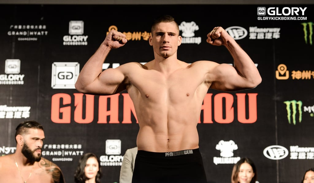 Heavyweight Champion Rico Verhoeven weighs in before his fight against Silva in Guangzhou Gymnasium.