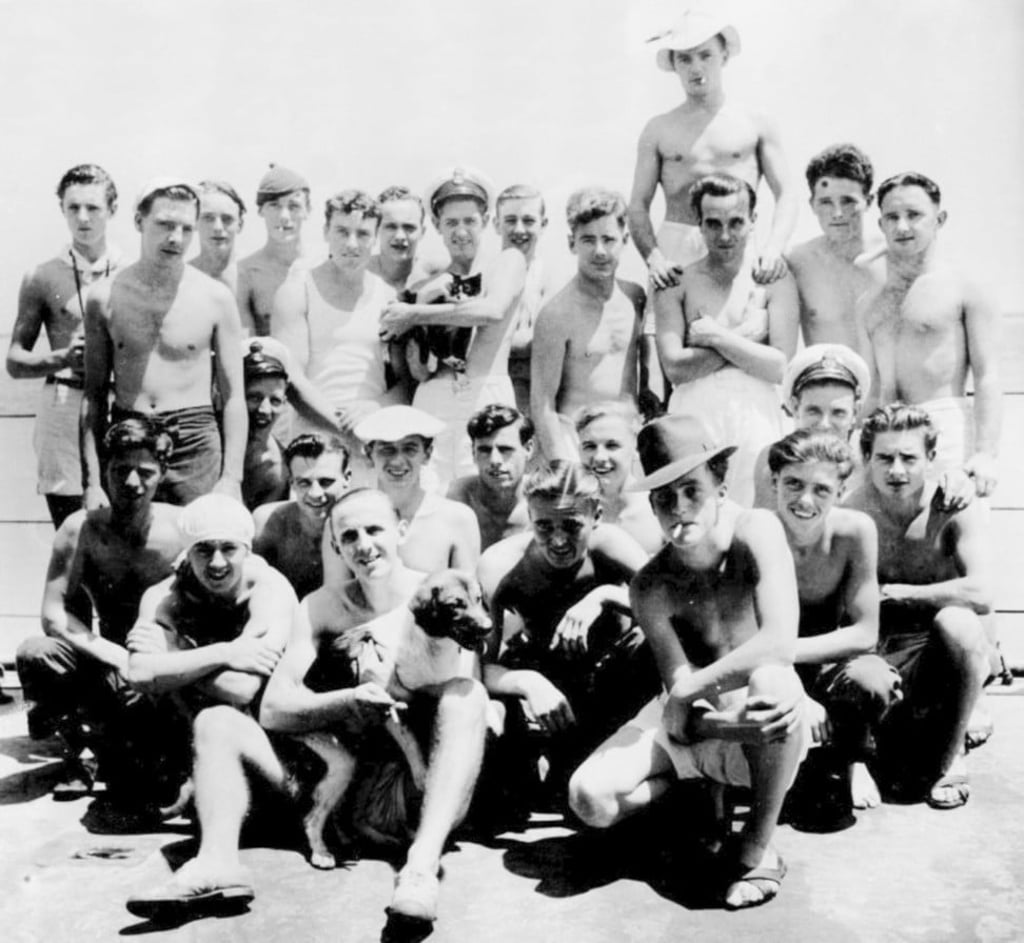 Simon, Peggy the dog and the crew of the Amethyst while trapped in 1949. Photo: courtesy of Stewart Hett