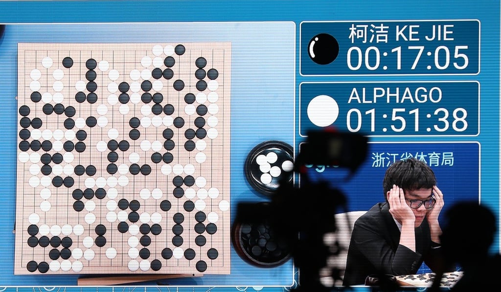 A screen displays the match featuring Chinese Go player Ke Jie against Google’s artificial intelligence program AlphaGo during the Future of Go Summit at the Wuzhen International Conference and Exhibition Centre, in Zhejiang province, in May. Photo: EPA