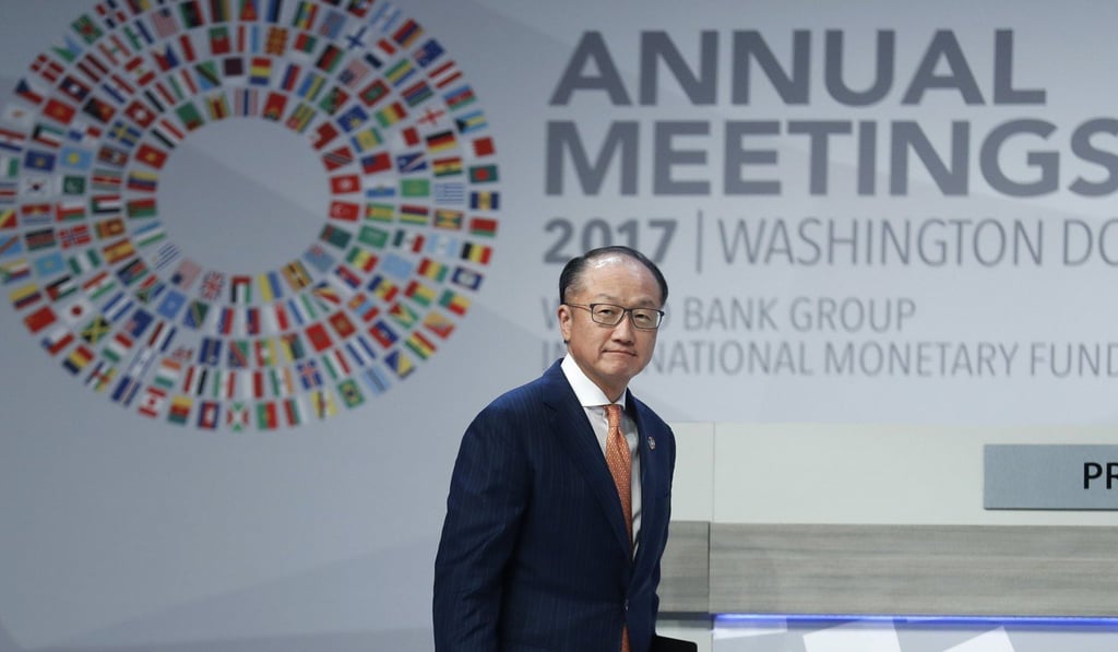 World Bank Group President Jim Yong-kim leaves the podium after delivering remarks at the opening plenary session of the 2017 IMF World Bank Group annual meetings at the IMF headquarters in Washington. Photo: EPA-EFE World Bank Group President Jim Yong-kim leaves the podium after delivering remarks at the opening plenary session of the 2017 IMF World Bank Group annual meetings at the IMF headquarters in Washington. Photo: EPA-EFE