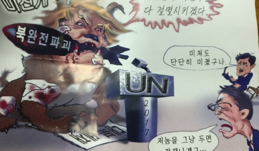 An anti-Trump leaflet that dropped in South Korea, believed to have come from North Korea by balloon. It reads: “Mad dog Trump … ‘Will kill 25,000,000 people in North Korea’ … ‘Destroy North Korea completely’.” The characters on the right are saying: “He is crazy” and “The war will break out if we leave him”. Photo: Reuters