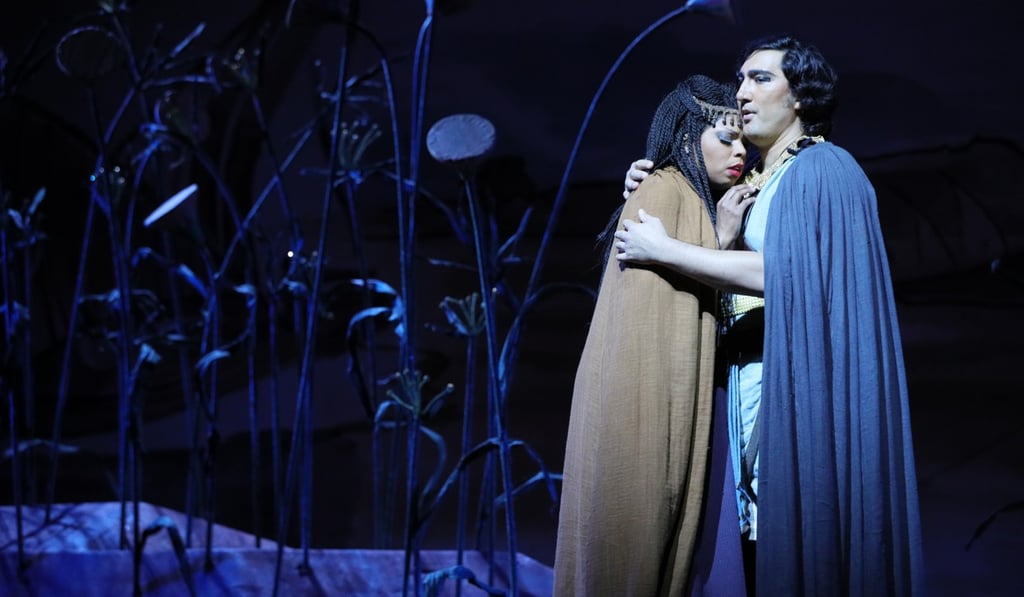 Kristin Lewis (Aida) and Najimiddin Mavlyanov (Radames) in scene from Act 3 of Aida. Photo: Opera Hong Kong