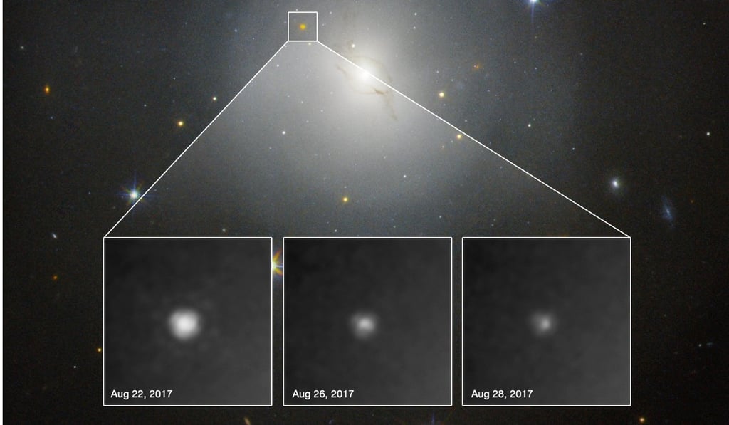 An undated handout image made available by the European Southern Observatory on Monday shows Hubble telescope images of a kilonova 130 million light years from Earth. The three inset photos were taken between August 22 and 28 and show the fading light from the collision between two neutron stars. Photo: EPA