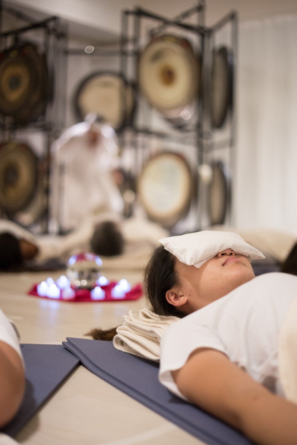 Lavender-scented eye pillows help with the relaxation.