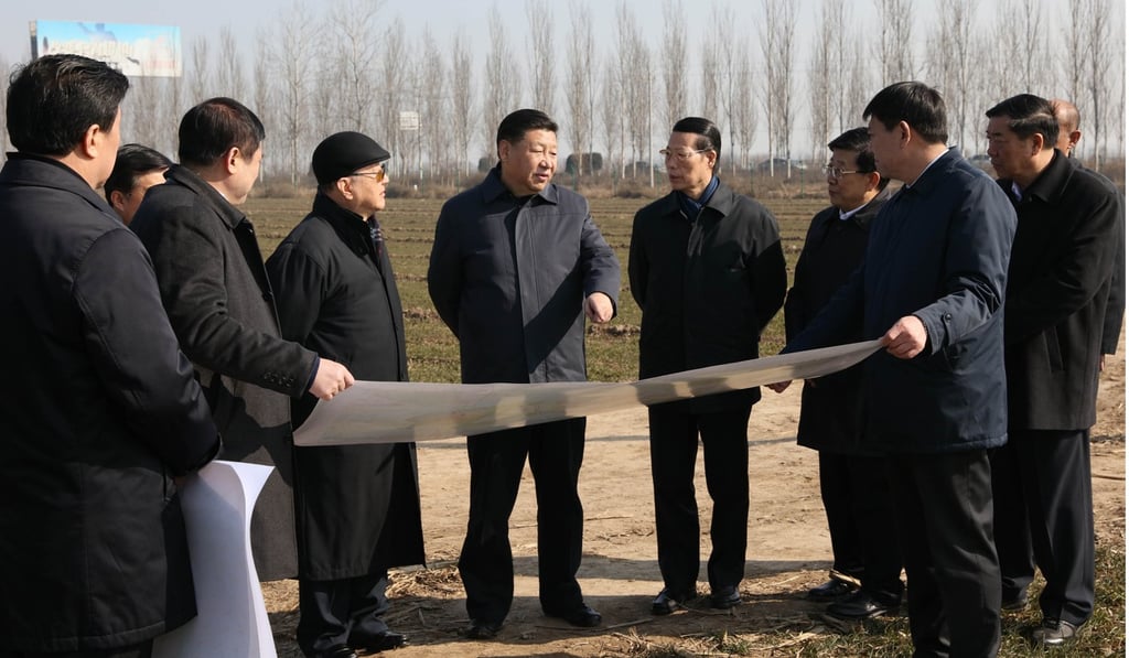 Xi Jinping (centre) inspects the Xiongan New Area, about 100km southwest of Beijing, where a new economic zone is being set up. Photo: Xinhua