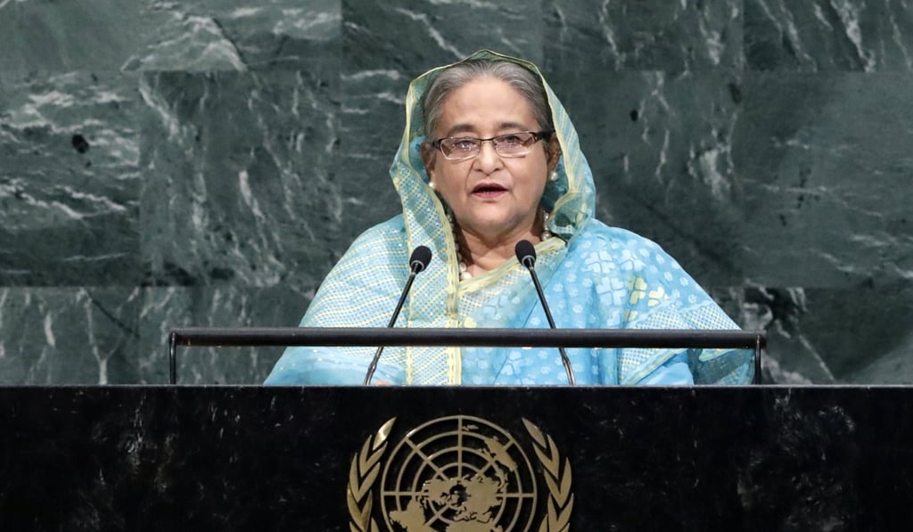Sheikh Hasina, the prime minister of Bangladesh, addresses the UN headquarters in New York. Photo: EPA