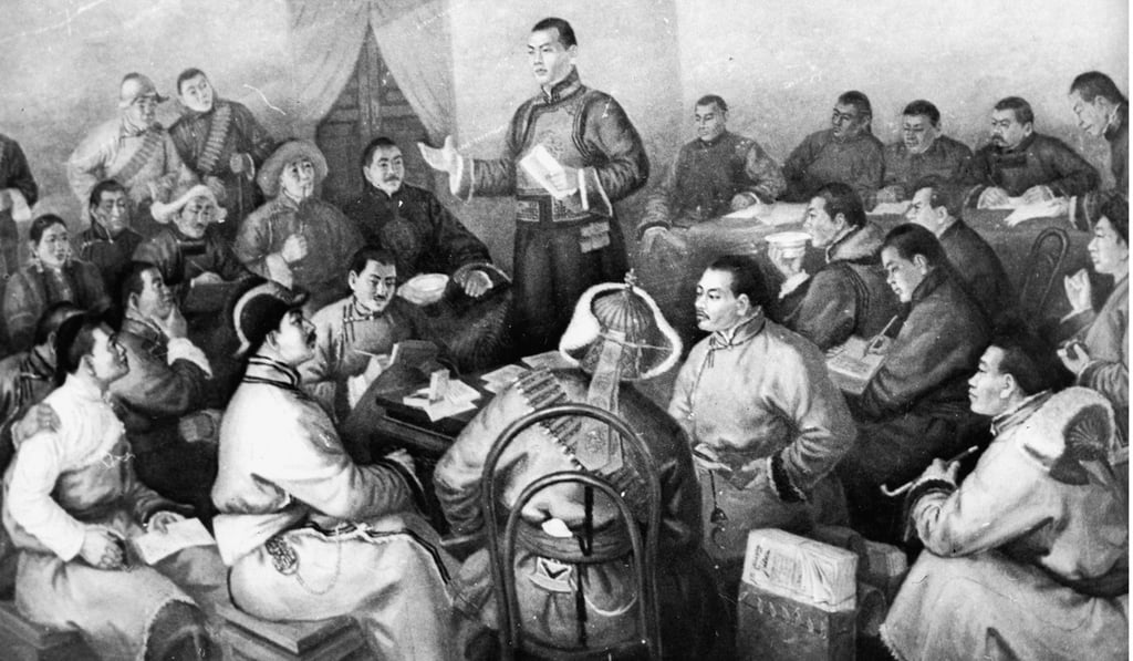 The “first congress of the Mongolian People’s Party” depicts the events of March 1, 1921, when the party formed a provisional government. Picture: AFP