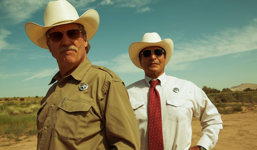 Jeff Bridges and Gil Birmingham in a still from Hell or High Water, Sheridan’s second script. Jeff Bridges and Gil Birmingham in a still from Hell or High Water, Sheridan’s second script.