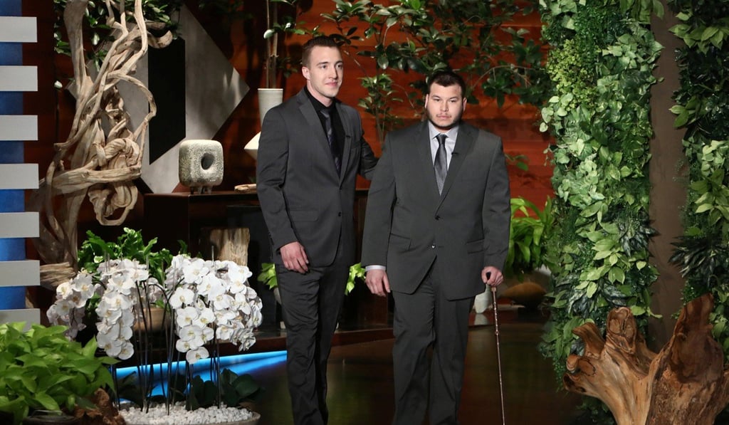 Engineer Stephen Schuck (left) and security guard Jesus Campos of the Mandalay Bay Resort and Casino in Las Vegas, pose during the taping of The Ellen DeGeneres Show in Burbank, California in this photo released on Wednesday. Photo: Reuters