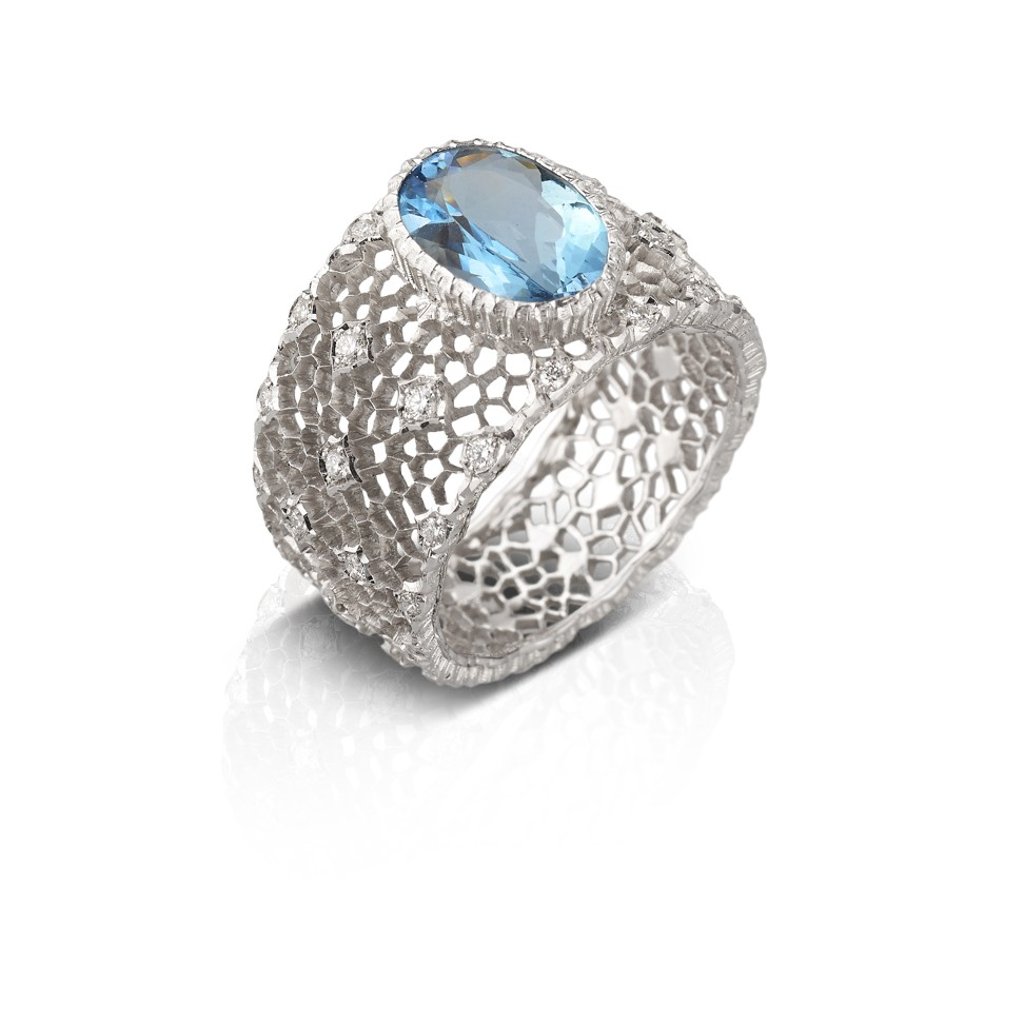 An aquamarine band ring.