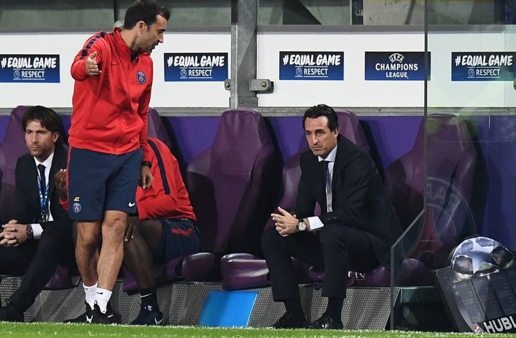 Paris Saint-Germain manager Unai Emery watches the 4-0 win over Anderlecht. Photo: AFP