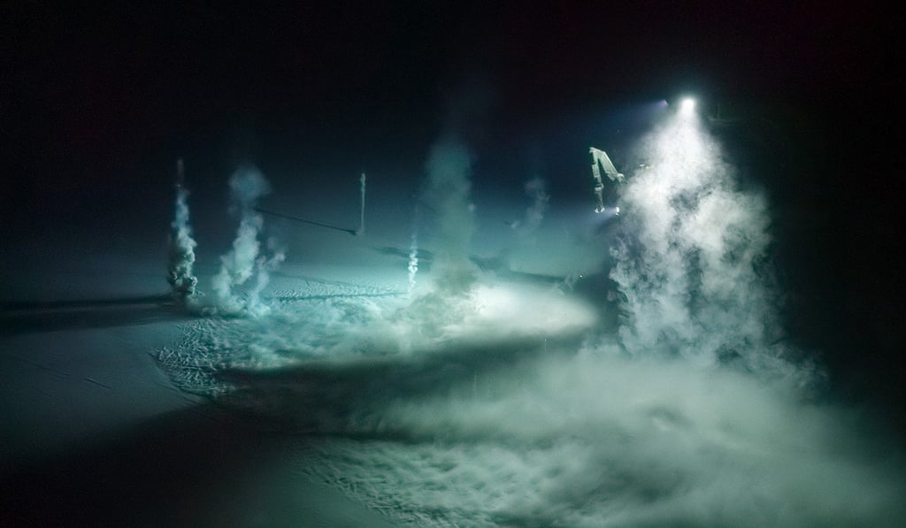 A mud volcano in the Gulf of Mexico, where bubbles of methane erupt from the deep seafloor, dragging plumes of millennia-old sediment with them as they rise. Photo: courtesy of Blue Planet II