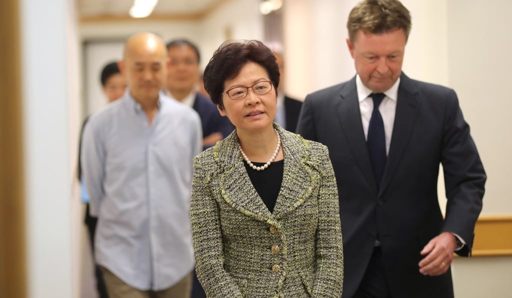 Chief Executive Carrie Lam attends a phone-in programme about her policy address in Kowloon Tong last Friday. Lam has defended Hong Kong’s treatment of the three jailed democracy activists. Photo: Edward Wong