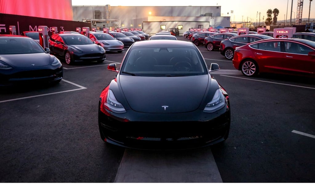 Tesla Model 3 cars are seen as Tesla holds an event at the factory handing over its first 30 Model 3 vehicles to employee buyers at the company's Fremont facility in California. Photo: Tesla
