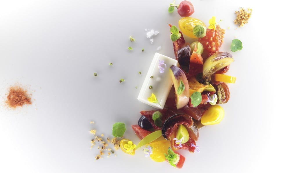 Mascarpone pudding and mozzarella cheese water with tomato salad and panzanella ice granita.