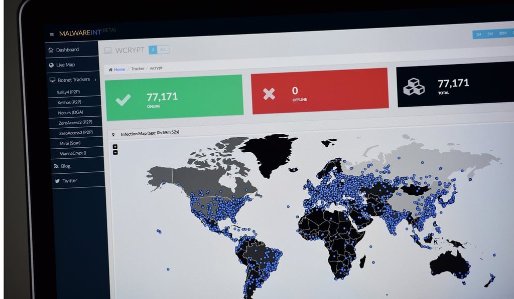 A map compiled by British company Malware Tech displays the geographical distribution of the WannaCry ransomware cyberattack on May 12, 2017, as seen on a computer screen in Portland. Photo: TNS A map compiled by British company Malware Tech displays the geographical distribution of the WannaCry ransomware cyberattack on May 12, 2017, as seen on a computer screen in Portland. Photo: TNS