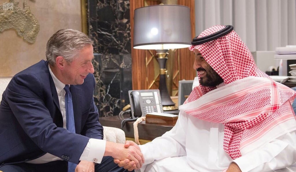 Saudi Crown Prince Mohammed bin Salman shakes hands with Klaus Kleinfeld after Kleinfeld was appointed as NEOM's Chief Executive Officer, in Riyadh. Photo: Reuters