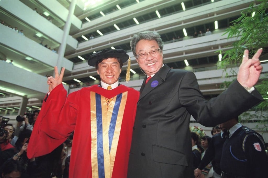 Jackie Chan (left) and Willie Chan after Jackie Chan received his honorary Doctor of Social Sciences degree at Baptist University.