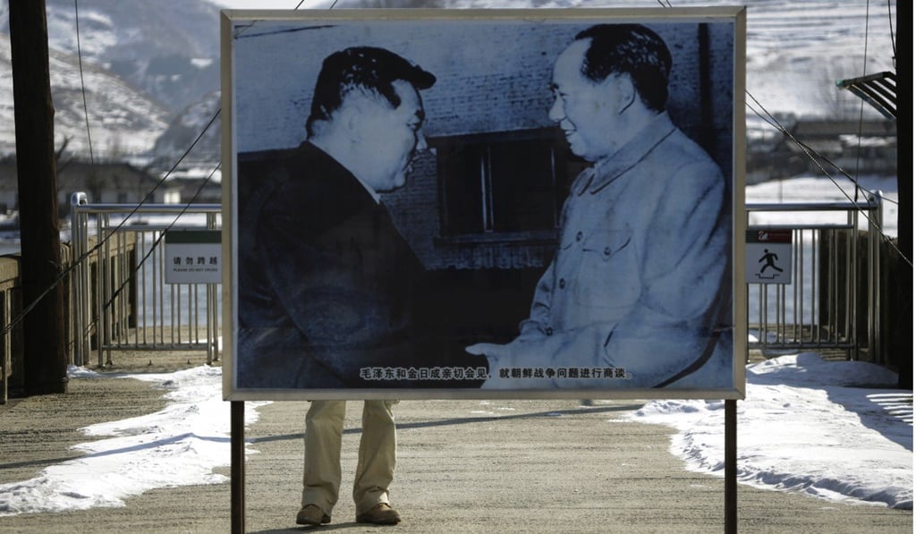 A picture of North Korea’s Kim Il-sung and Chinese leader Mao Zedong is seen in 2013 on a bridge linking North Korea with China, in the Chinese border town of Hekou. Beijing’s ability to influence Pyongyang’s missile and nuclear programme is limited. Photo: AP A picture of North Korea’s Kim Il-sung and Chinese leader Mao Zedong is seen in 2013 on a bridge linking North Korea with China, in the Chinese border town of Hekou. Beijing’s ability to influence Pyongyang’s missile and nuclear programme is limited. Photo: AP