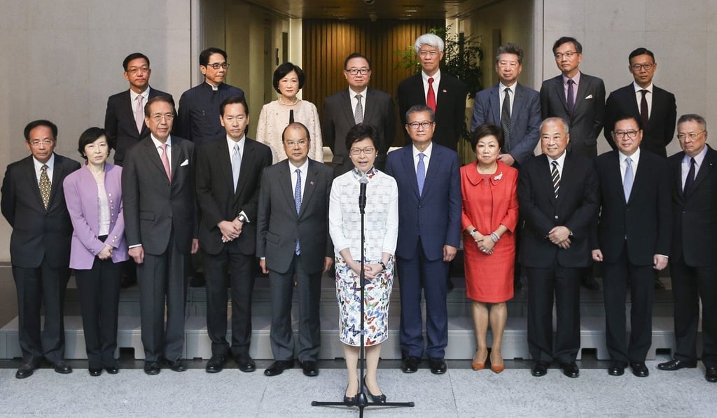 Chief Executive Carrie Lam and her Executive Council (front row from left): Ip Kwok-him; Fanny Law; Arthur Li ; Bernard Chan; Chief Secretary Matthew Cheung Kin-chung; Financial Secretary Paul Chan Mo-po; Laura Cha; Chow Chung-kong; Jeffrey Lam Kin-fung; Tommy Cheung Yu-yan; (back row from left) Kenneth Lau Ip-keung; Wong Kwok-kin; Regina Ip Lau Suk-yee; Martin Liao Cheung-kong; Joseph Yam Chi-kwong; Ronny Tong Ka-wah; Lam Ching-choi; and Cheung Kwok-kwan. Photo: Sam Tsang